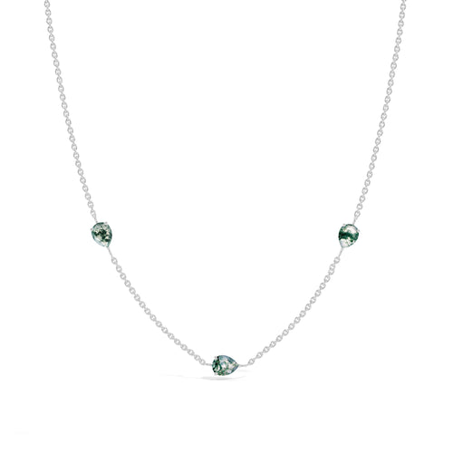 Moss Agate Three Stone Pear Station Necklace in 925 Sterling Silver