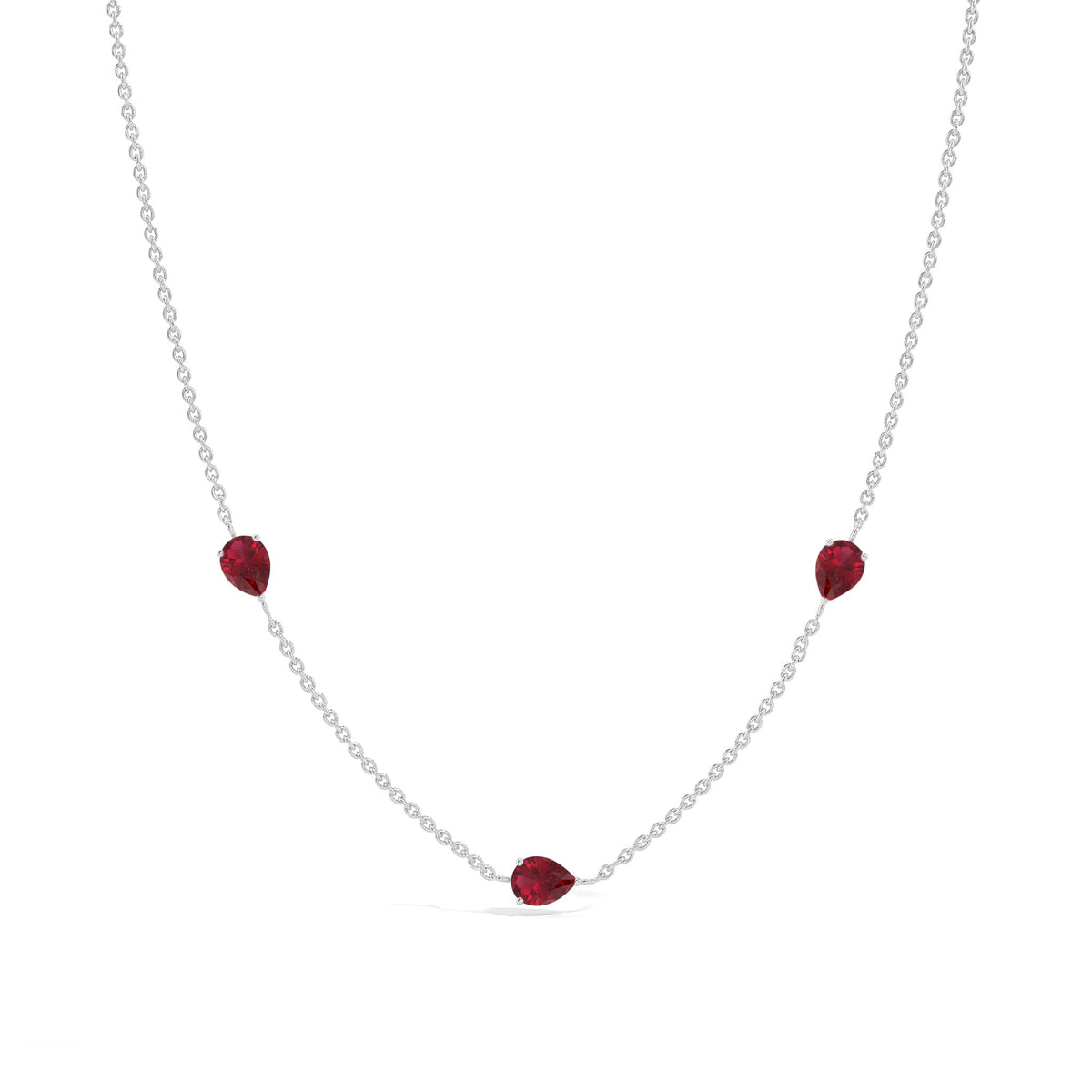 Natural Ruby Three Stone Station Necklace in Sterling Silver