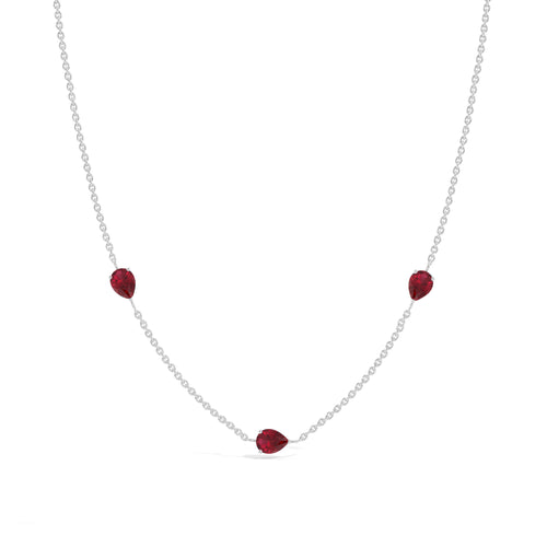 Natural Ruby Three Stone Station Necklace in Sterling Silver