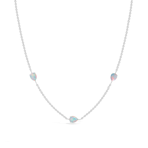 Natural White Opal Three Stone Station Necklace in Sterling SIlver