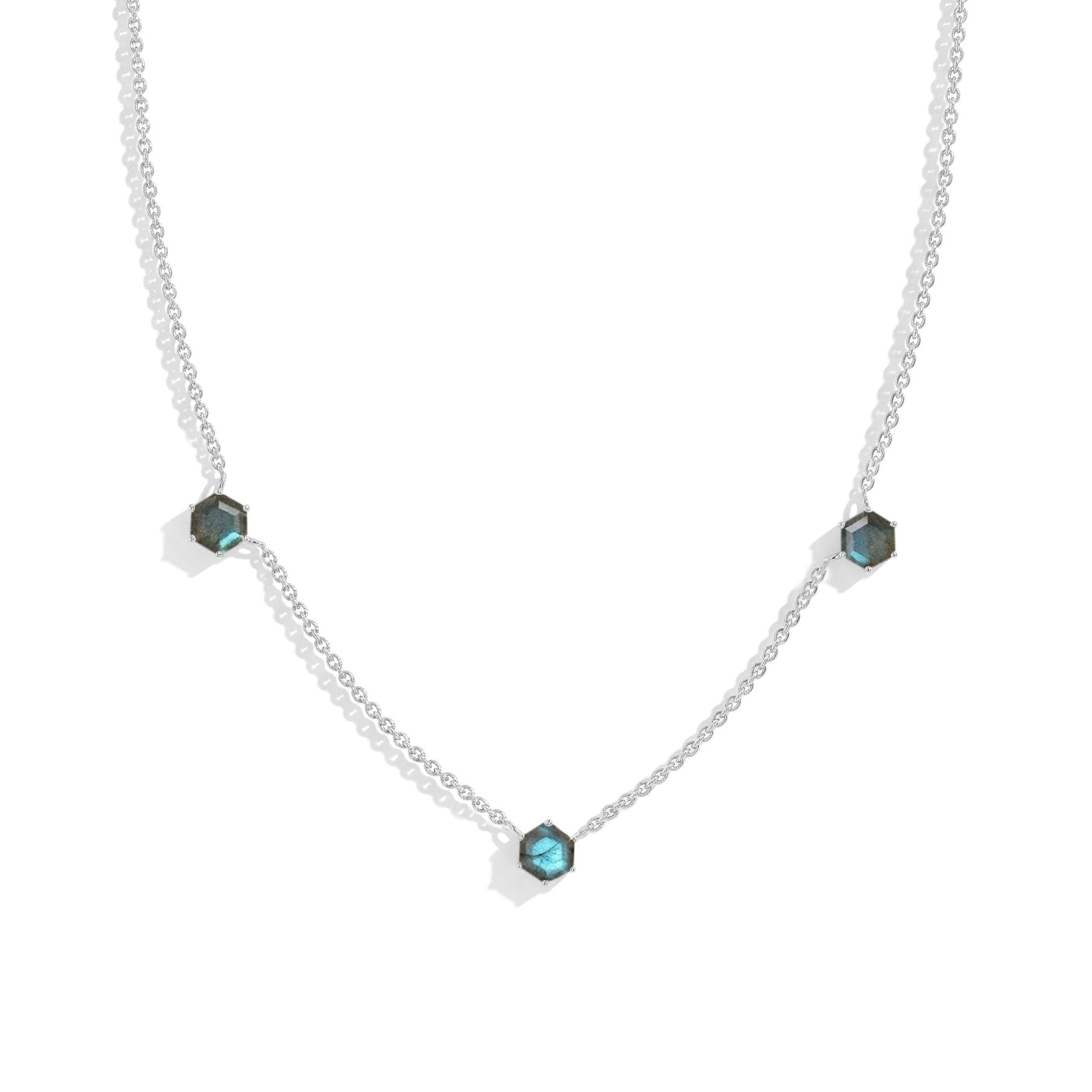"Three stone labradorite station necklace featuring hexagon cut gemstones in sterling silver