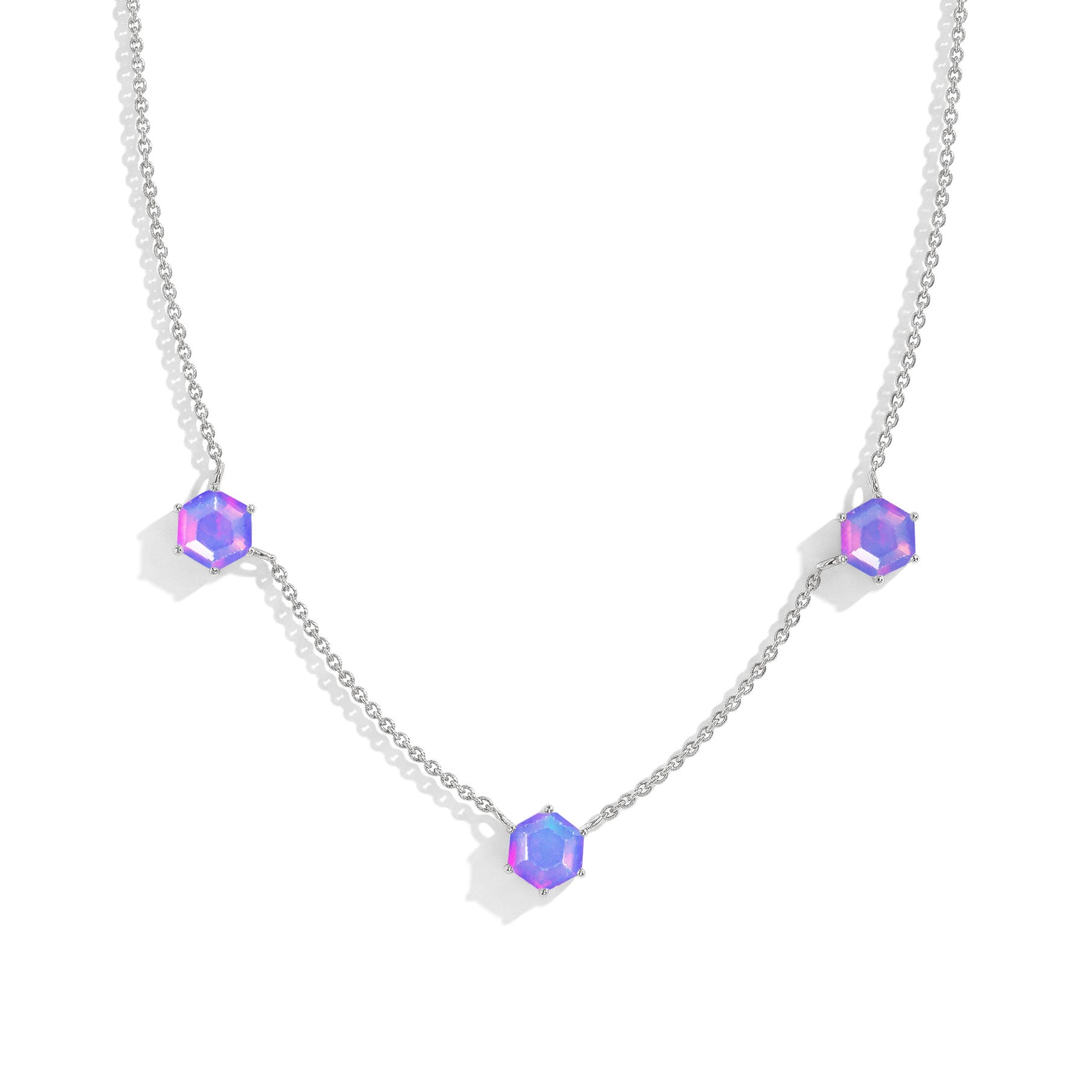 "Three stone lavender opal station necklace featuring hexagon cut gemstones in sterling silver