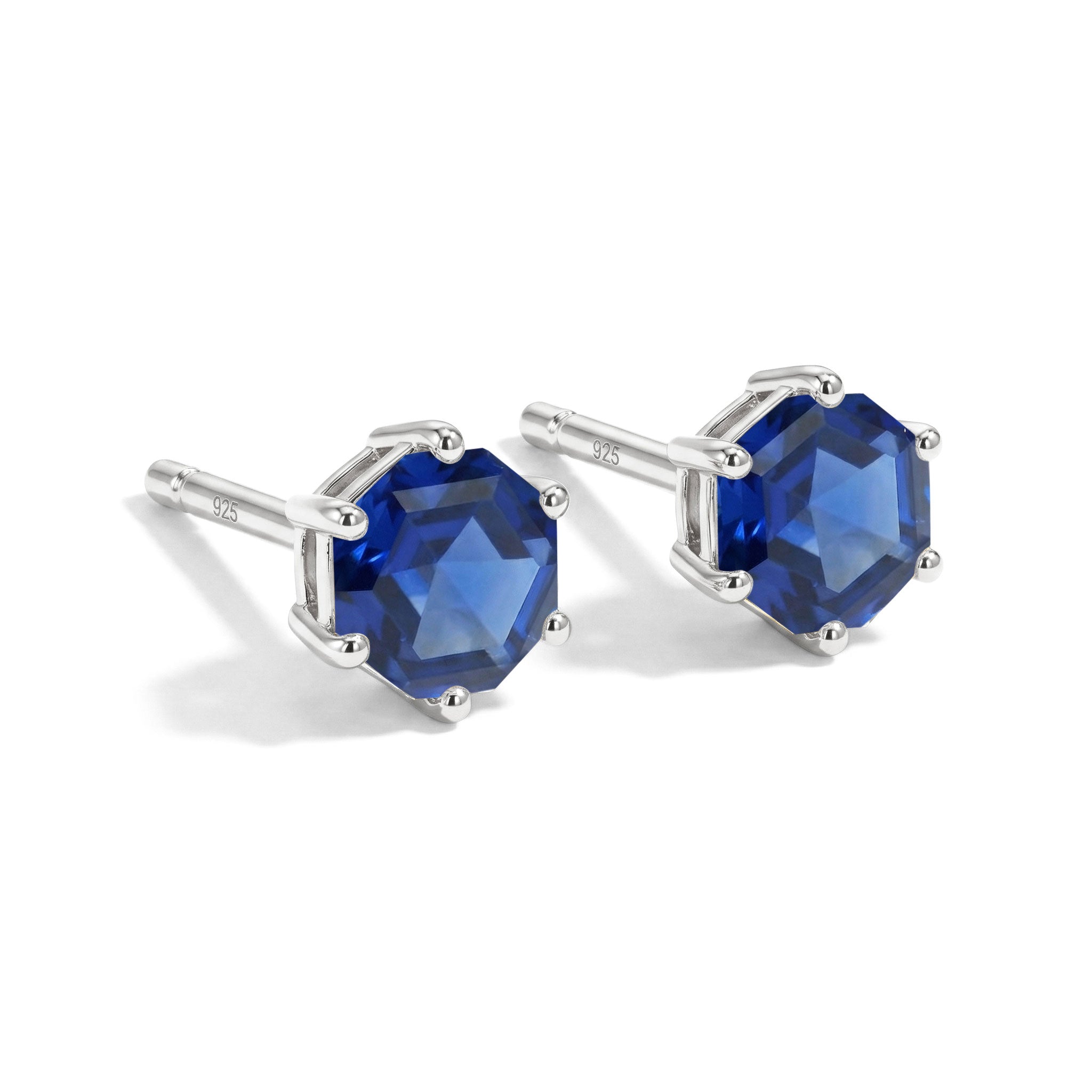 Blue Sapphire Stud Earrings Hexagon Style