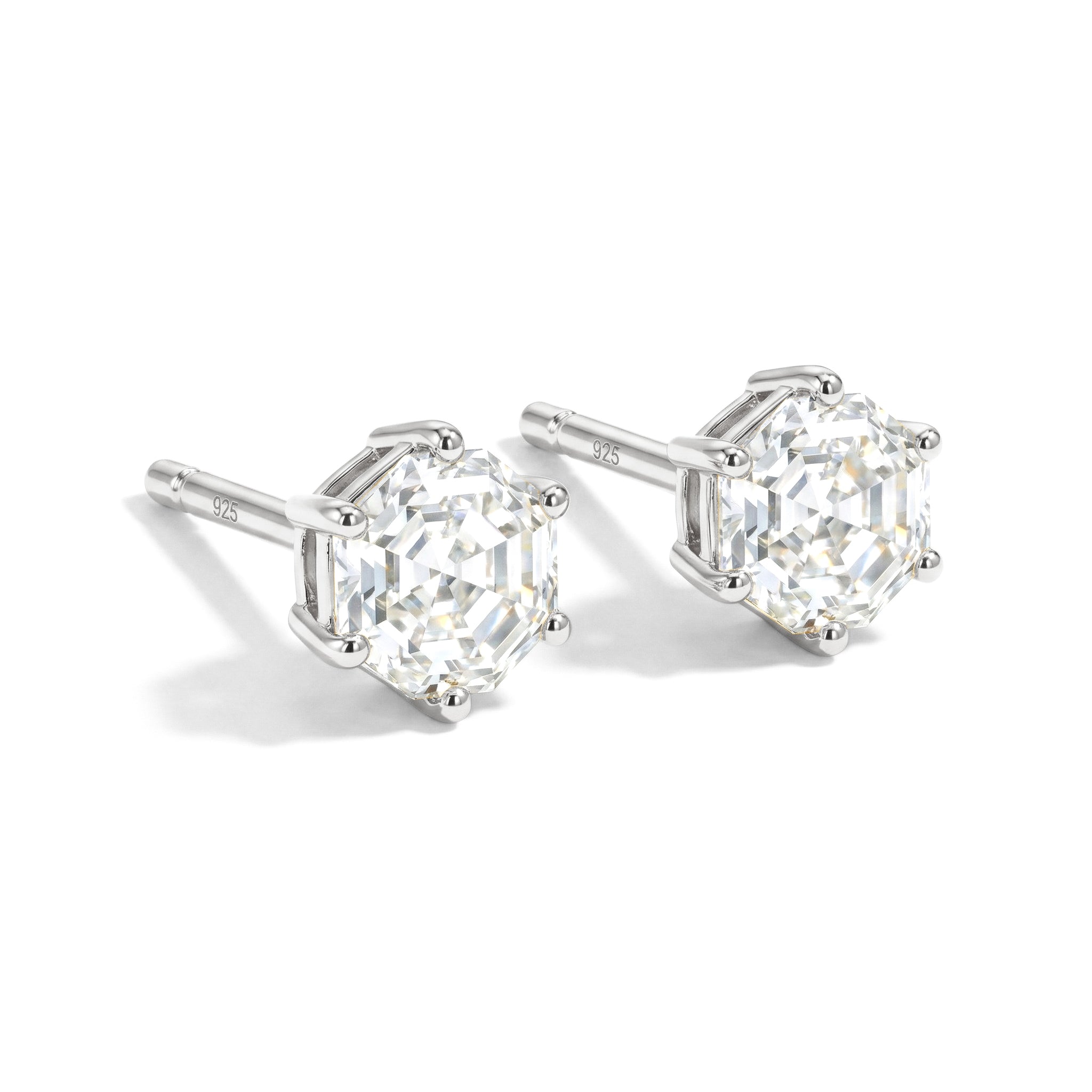Cubic zirconia stud earrings hexagon silver