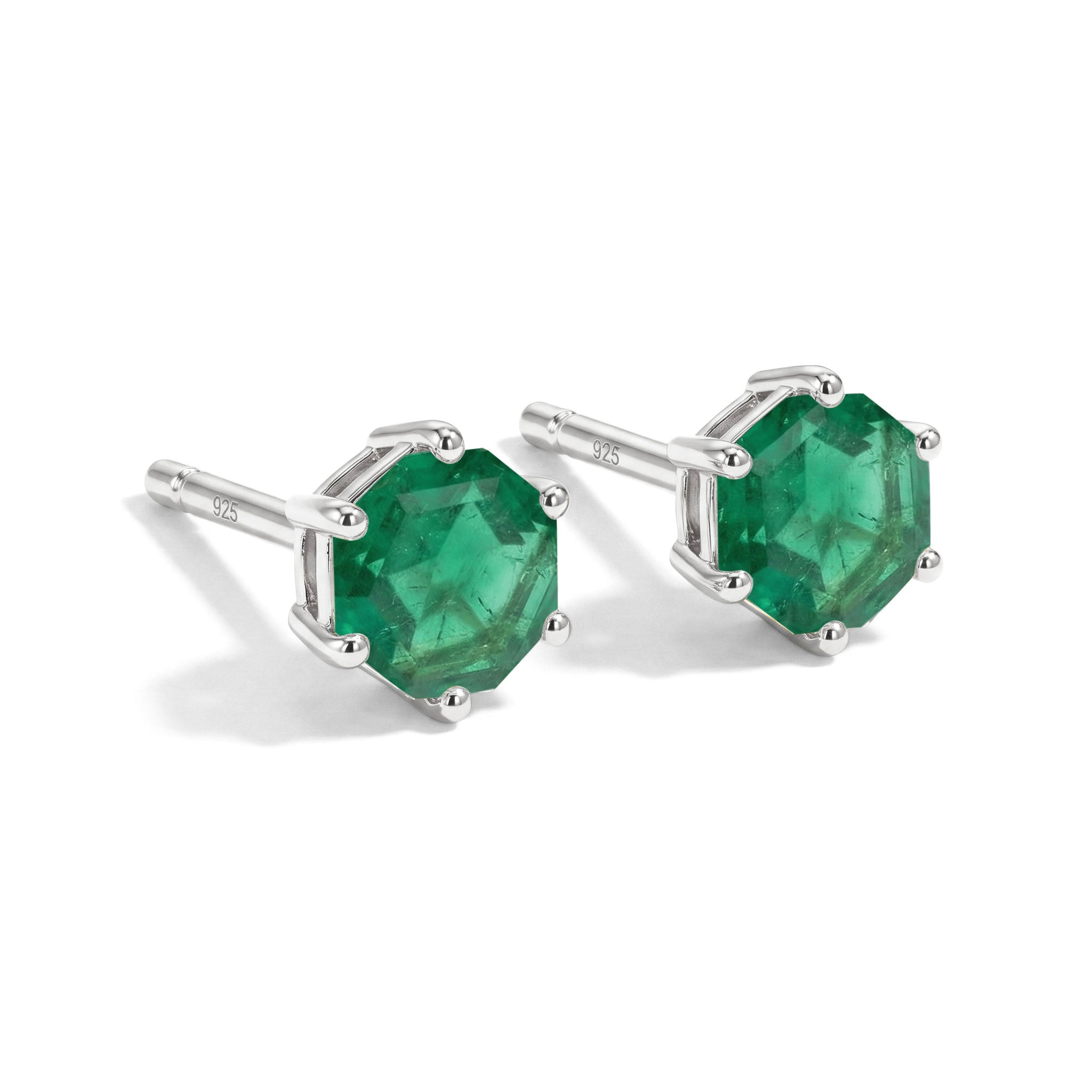 Emerald Hexagon Stud Earring in 925 Sterling Silver 6 MM 2ct