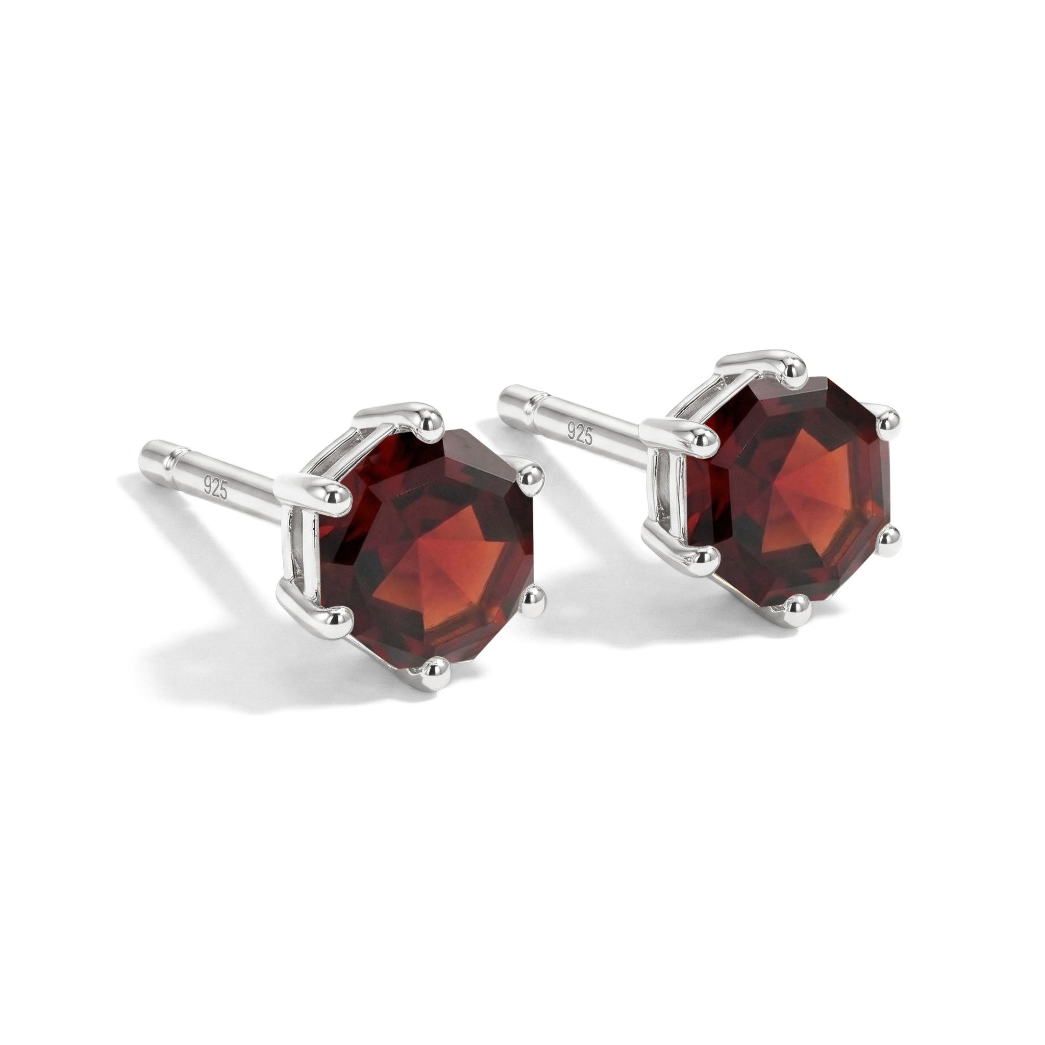 Garnet Hexagon Stud Earring in 925 Sterling Silver 6 MM 2ct