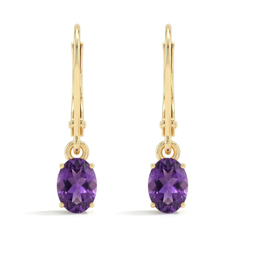 Amethyst Oval Solitaire Dangle Drop Earrings | Genuine Deep Purple Gemstone Dangles | February Birthday Gift for Her
