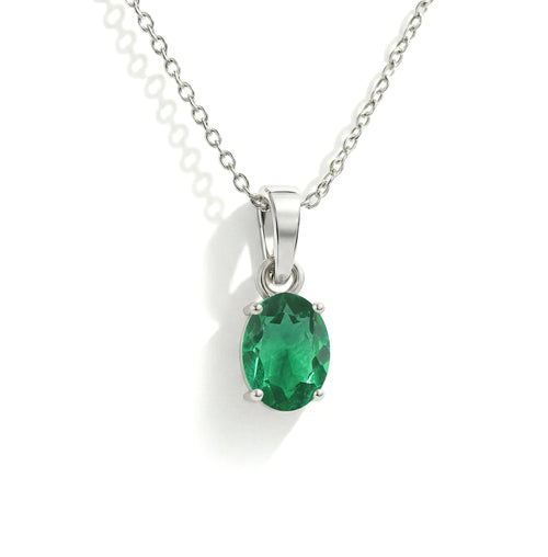 Emerald Solitaire Pendant Necklace in 925 Sterling Silver 9x7 MM 1.4ct