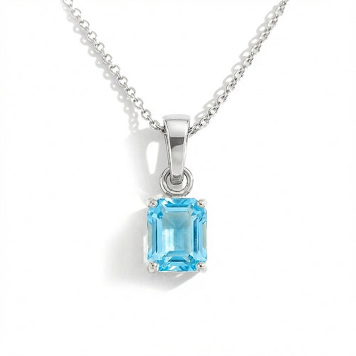 Blue Topaz Octagon Solitaire Pendant Necklace in 925 Sterling Silver 9x7 MM 1.4ct