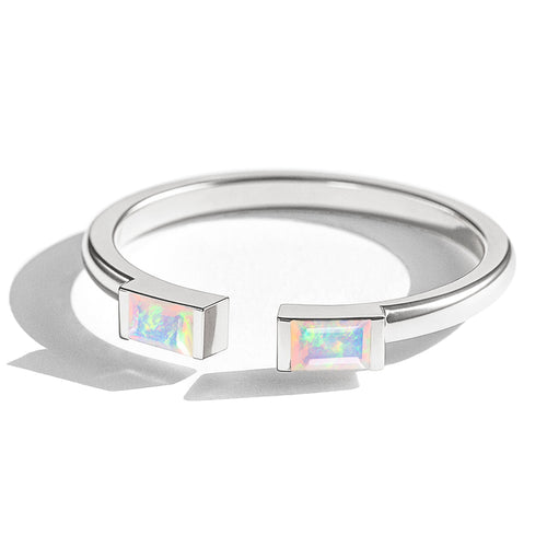 Natural White Horizontal Opal Baguette Open Ring in 925 Sterling Silver 5x2mm 0.50ct
