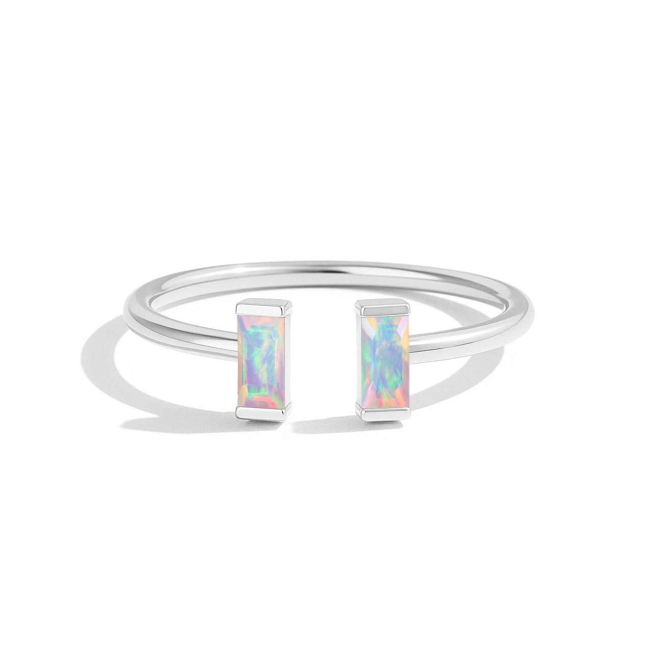 Natural White Vertical Opal Baguette Open Ring in 925 Sterling Silver 5x2mm 0.50ct