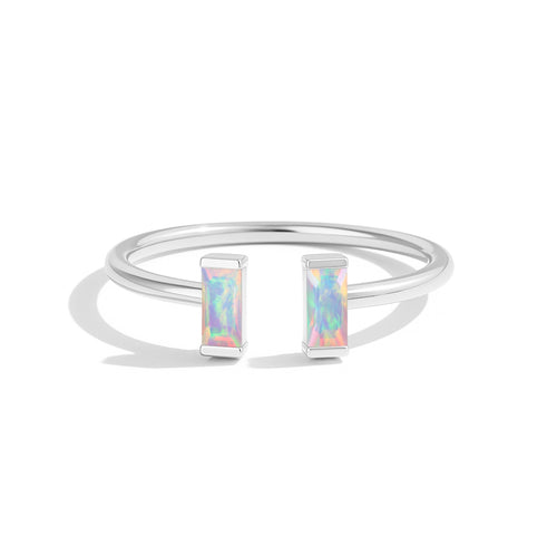 Natural White Vertical Opal Baguette Open Ring in 925 Sterling Silver 5x2mm 0.50ct