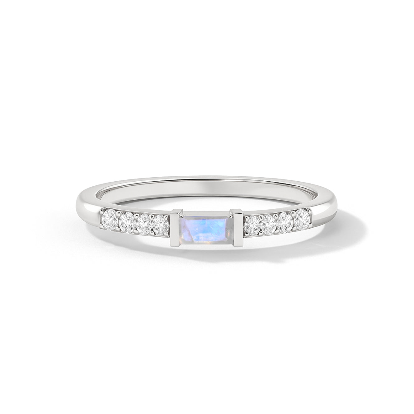 925 Sterling Silver Moonstone Baguette Solitaire Designed Ring with 4x2mm Stone 0.30ct