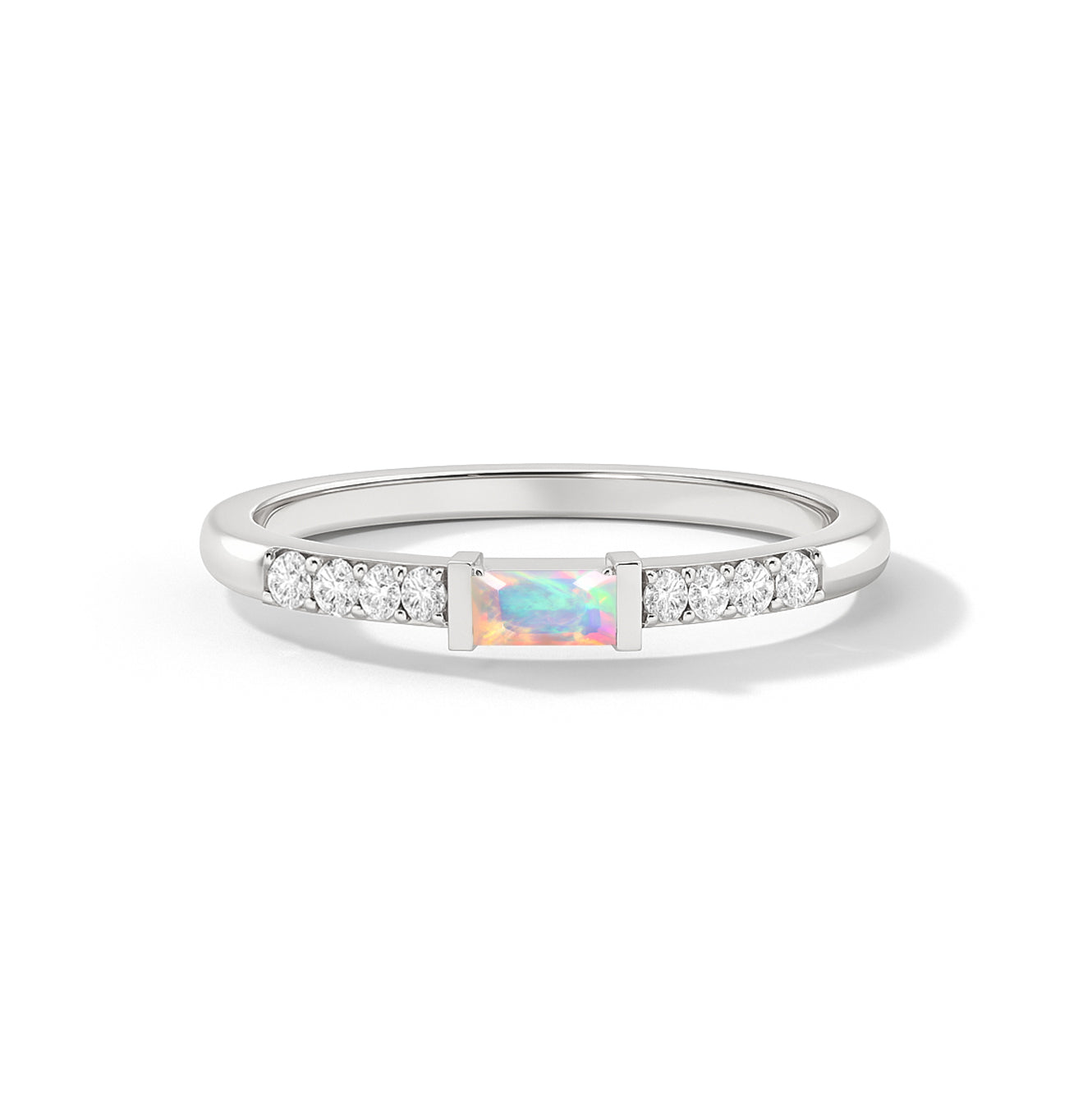 925 Sterling Silver White Opal Baguette Solitaire Ring with 4x2mm Stone 0.20ct