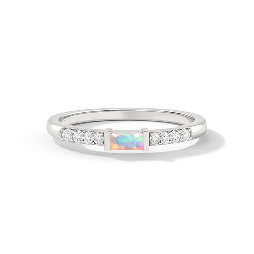 925 Sterling Silver White Opal Baguette Solitaire Designed Ring with 4x2mm Stone 0.20ct