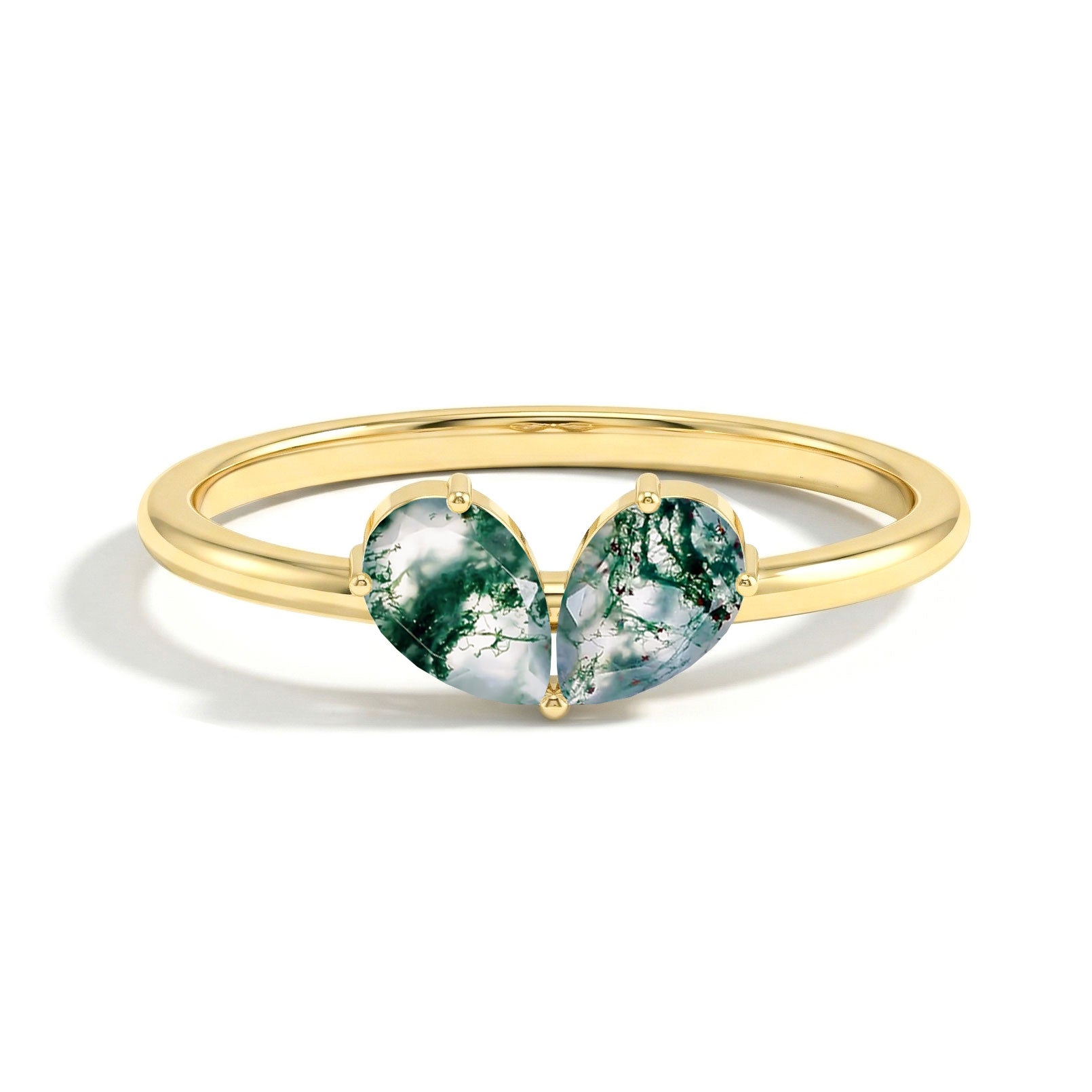 Natural Pear Moss Agate Two-Stone Ring in 925 Sterling Silver & Gold Filled
