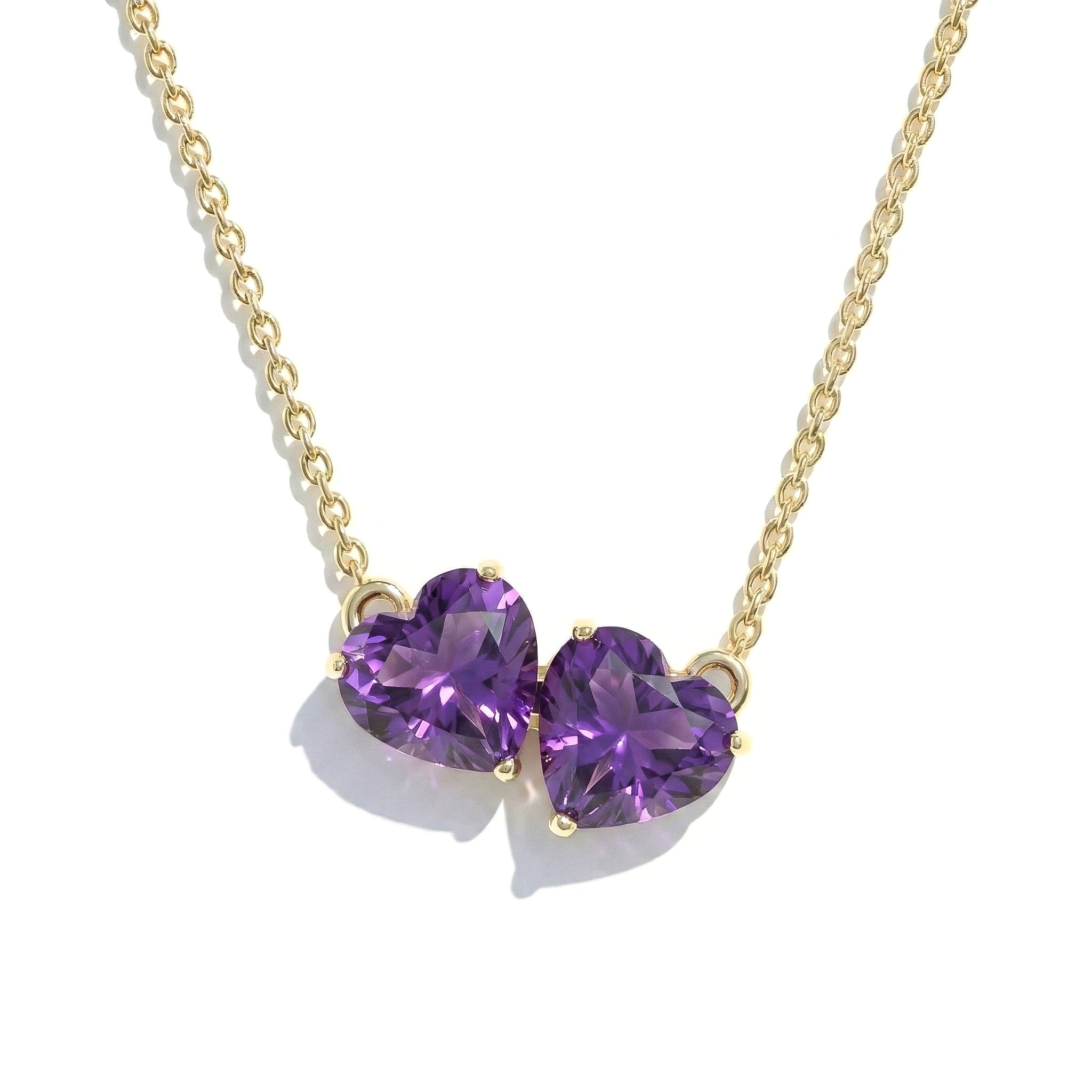Amethyst Double Heart Pendant Necklace in Yellow Gold Plated 5 MM 1.3ct