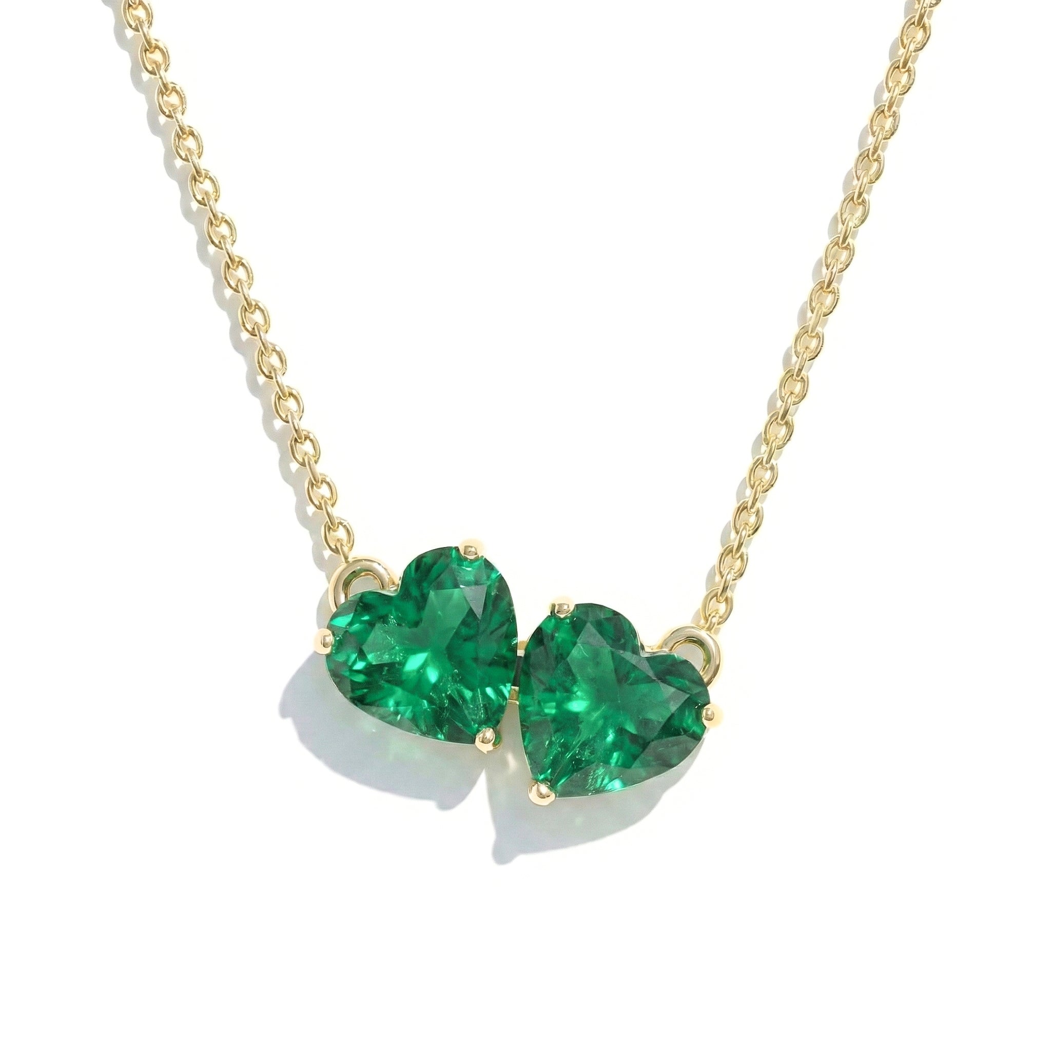 Emerald Double Heart Pendant Necklace in Yellow Gold Plated 5 MM 1.3ct