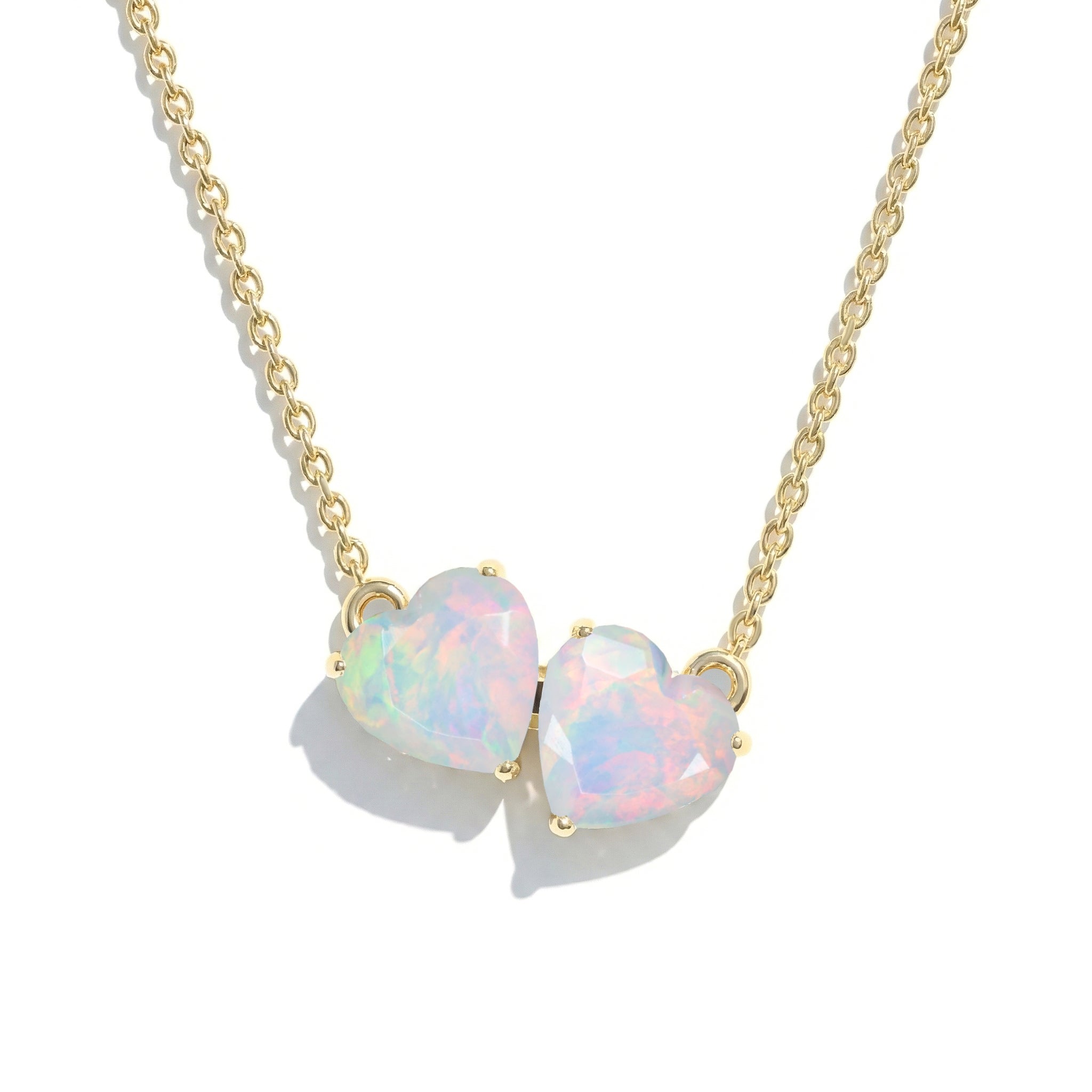 White Opal Double Heart Pendant Necklace in Yellow Gold Plated 5 MM 1.3ct