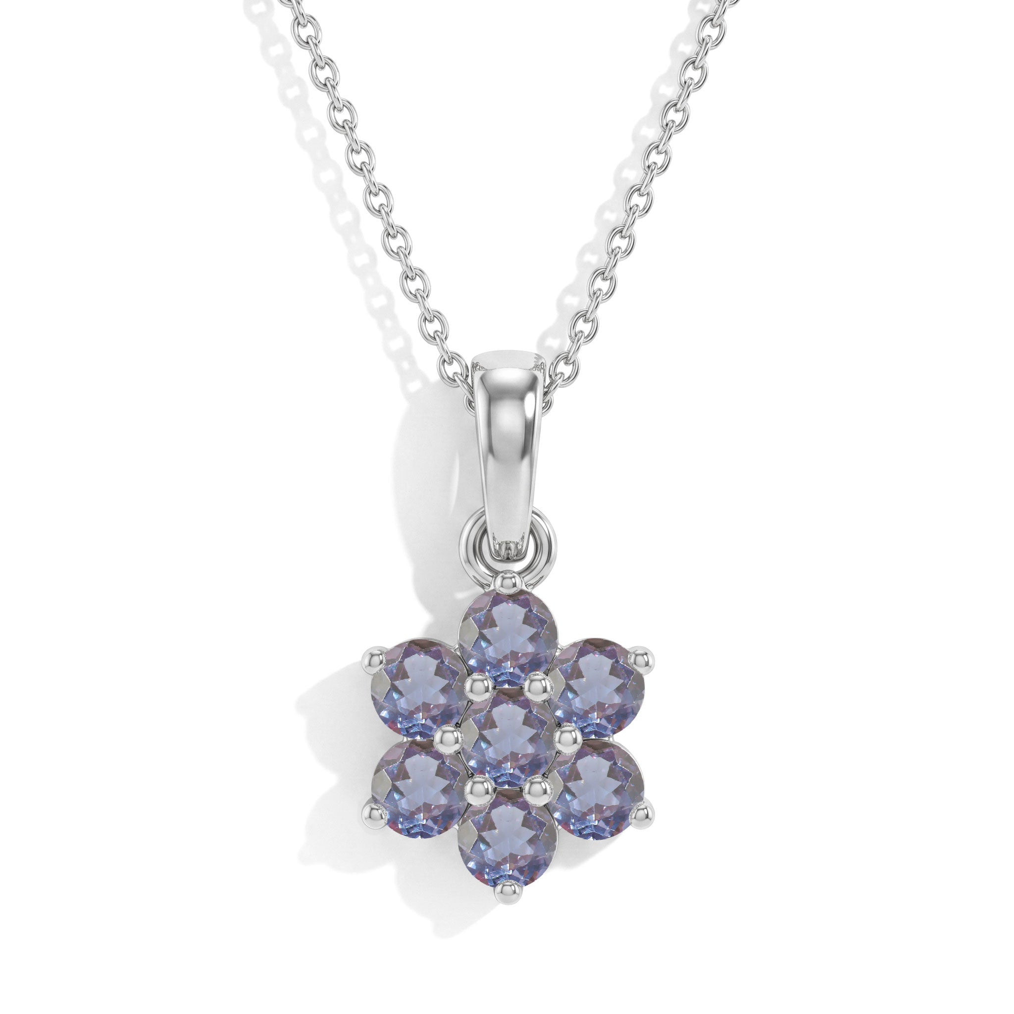 "925 Sterling Silver Alexandrite flower pendant necklace with seven round gemstones for women