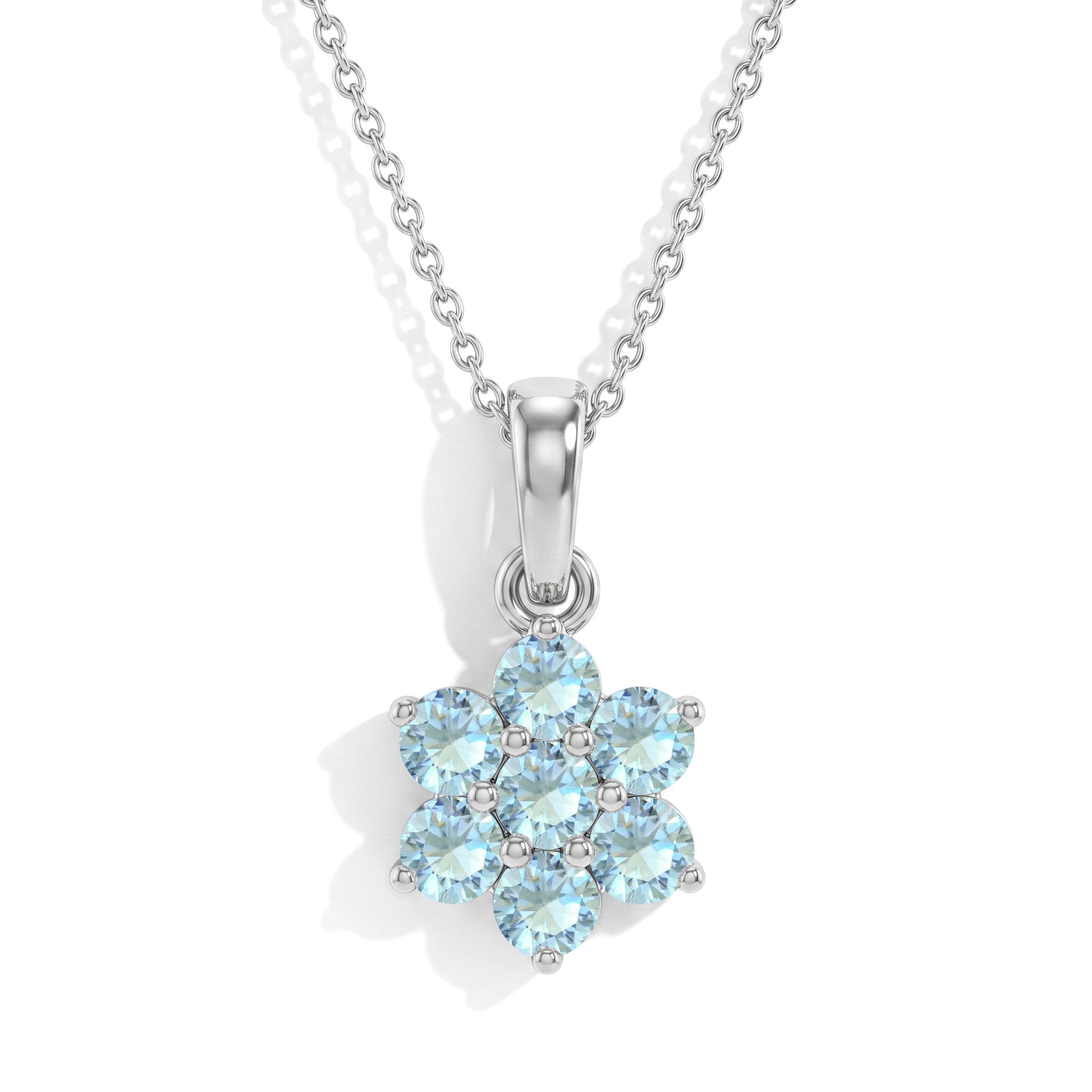 "925 Sterling Silver Aquamarine flower pendant necklace with seven round blue gemstones.