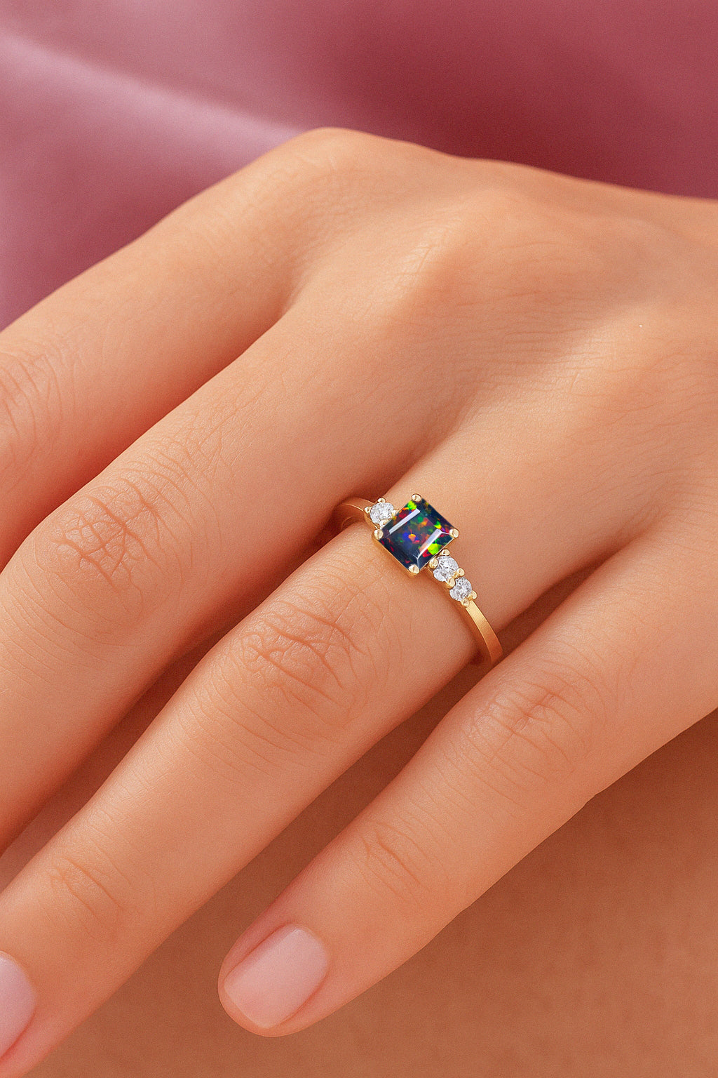 Natural Black Opal Square Stone with Side Zircon Statement Ring