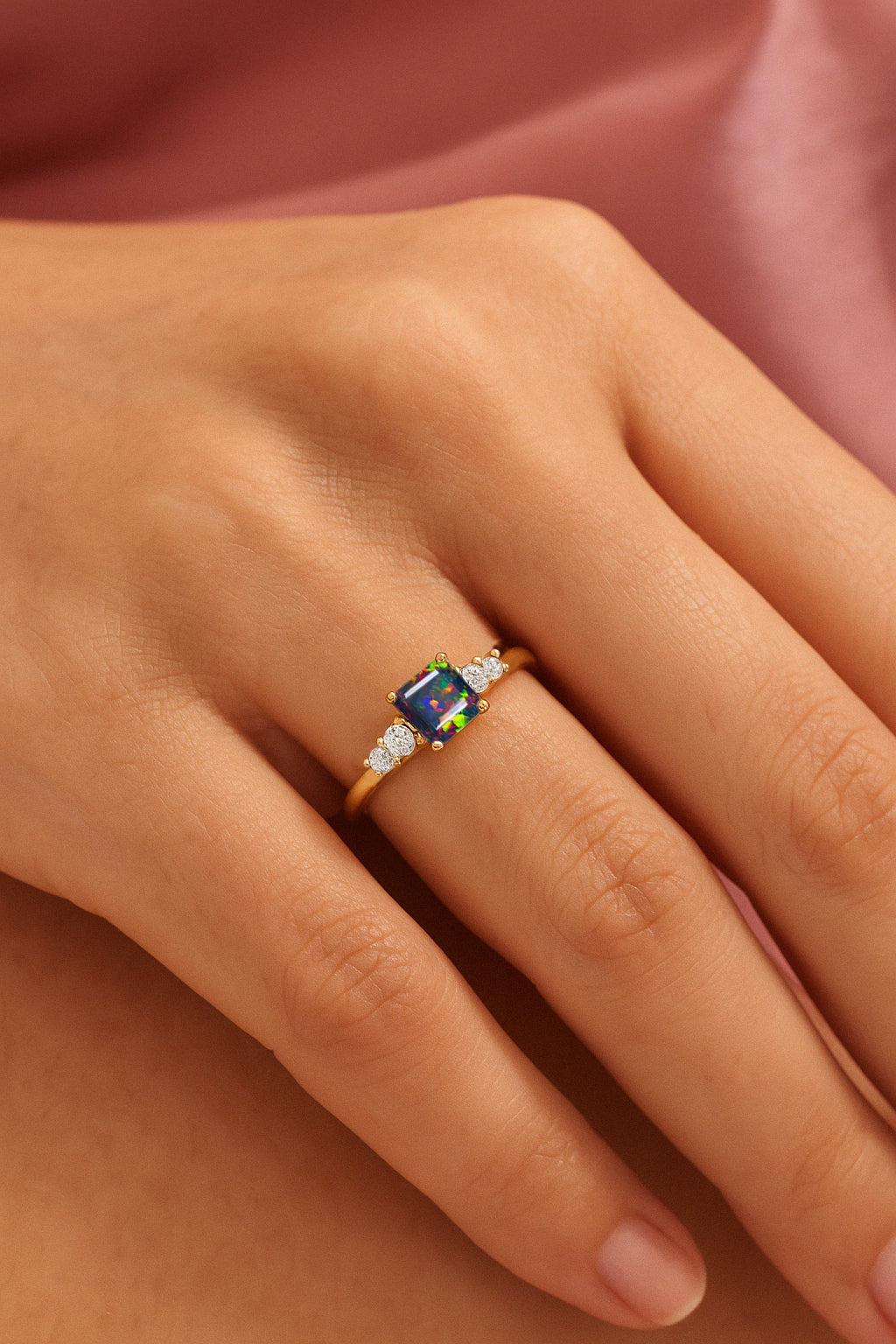 Natural Black Opal Square Stone with Side Zircon Statement Ring