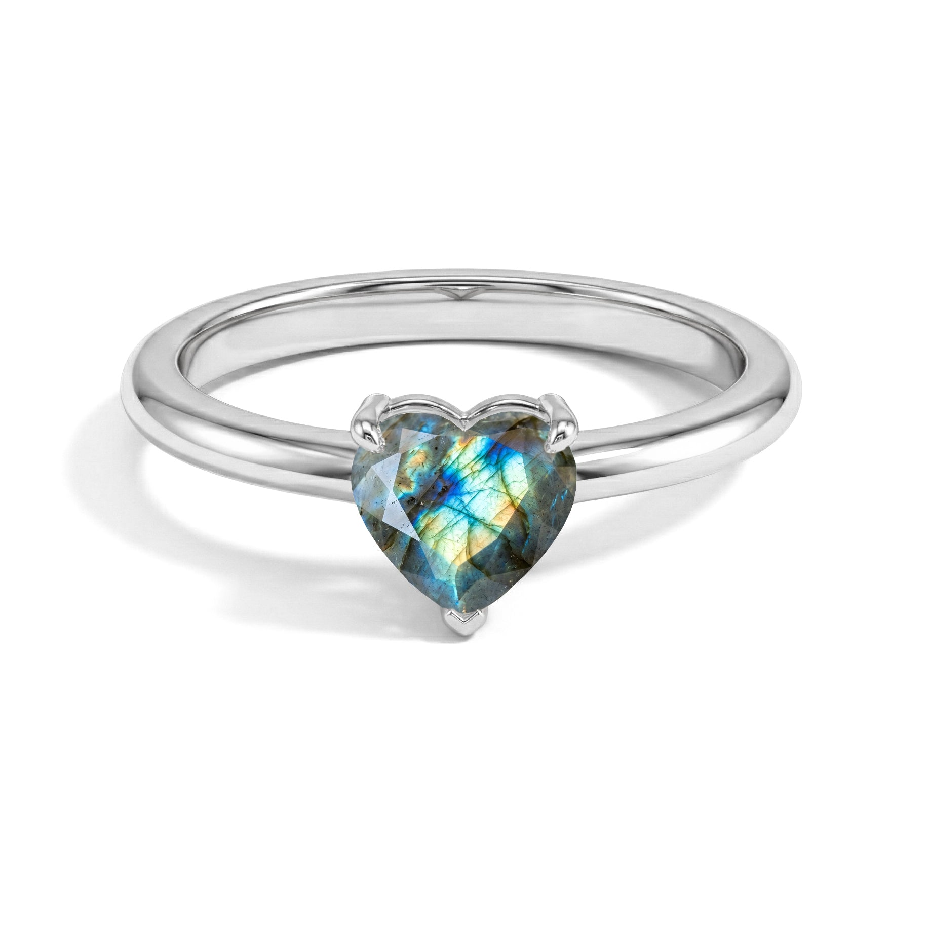labradorite heart ring, natural labradorite jewelry, heart cut gemstone ring, solitaire gemstone ring, four prong setting, minimalist promise ring, blue flash gemstone, women's fine jewelry, handcrafted ring, elegant solitaire design, unique gemstone ring, romantic jewelry gift, everyday ring, natural gemstone, heart jewelry