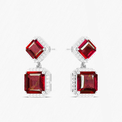 Ruby 7x5mm Octagon Halo Drop Earring in 925 Silver 4ct