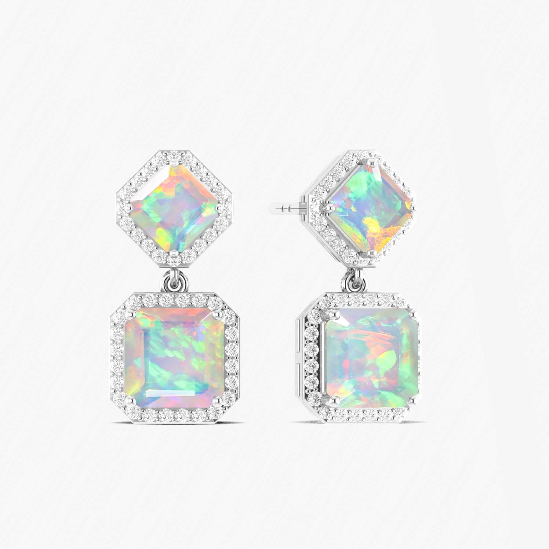 Natural Silver White Opal Octagon Halo Drop Earrings