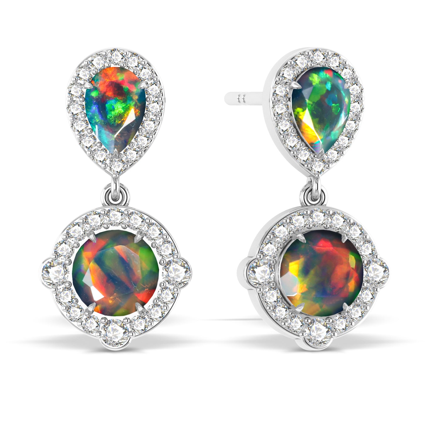 Round Black Opal Halo Tear drop Silver Earrings