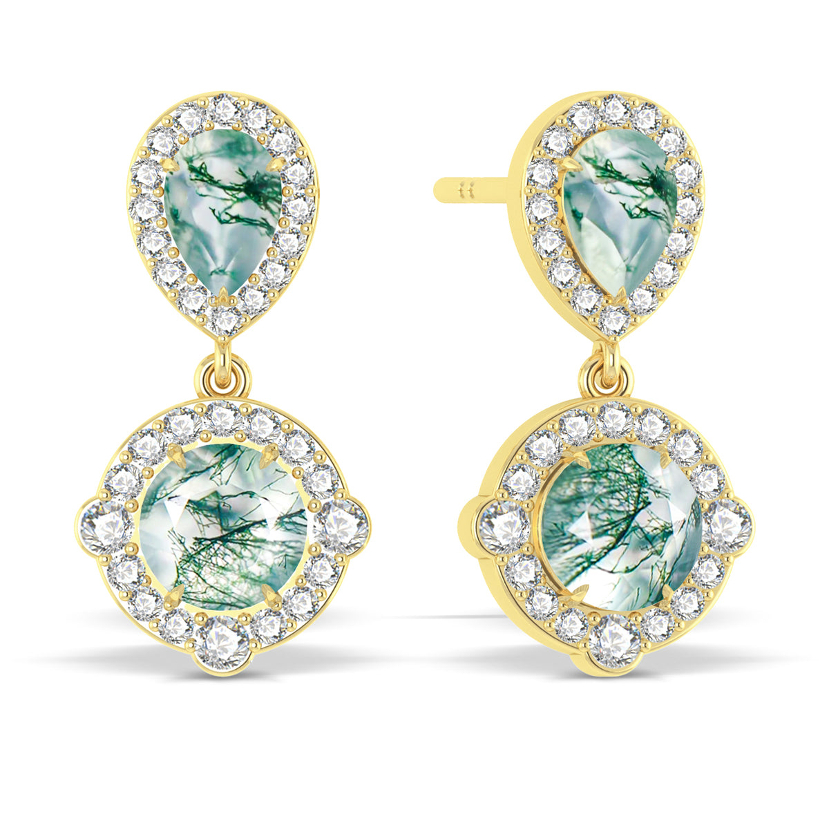Moss Agate Pear Round Halo Drop Earring in 925 Silver 3ct