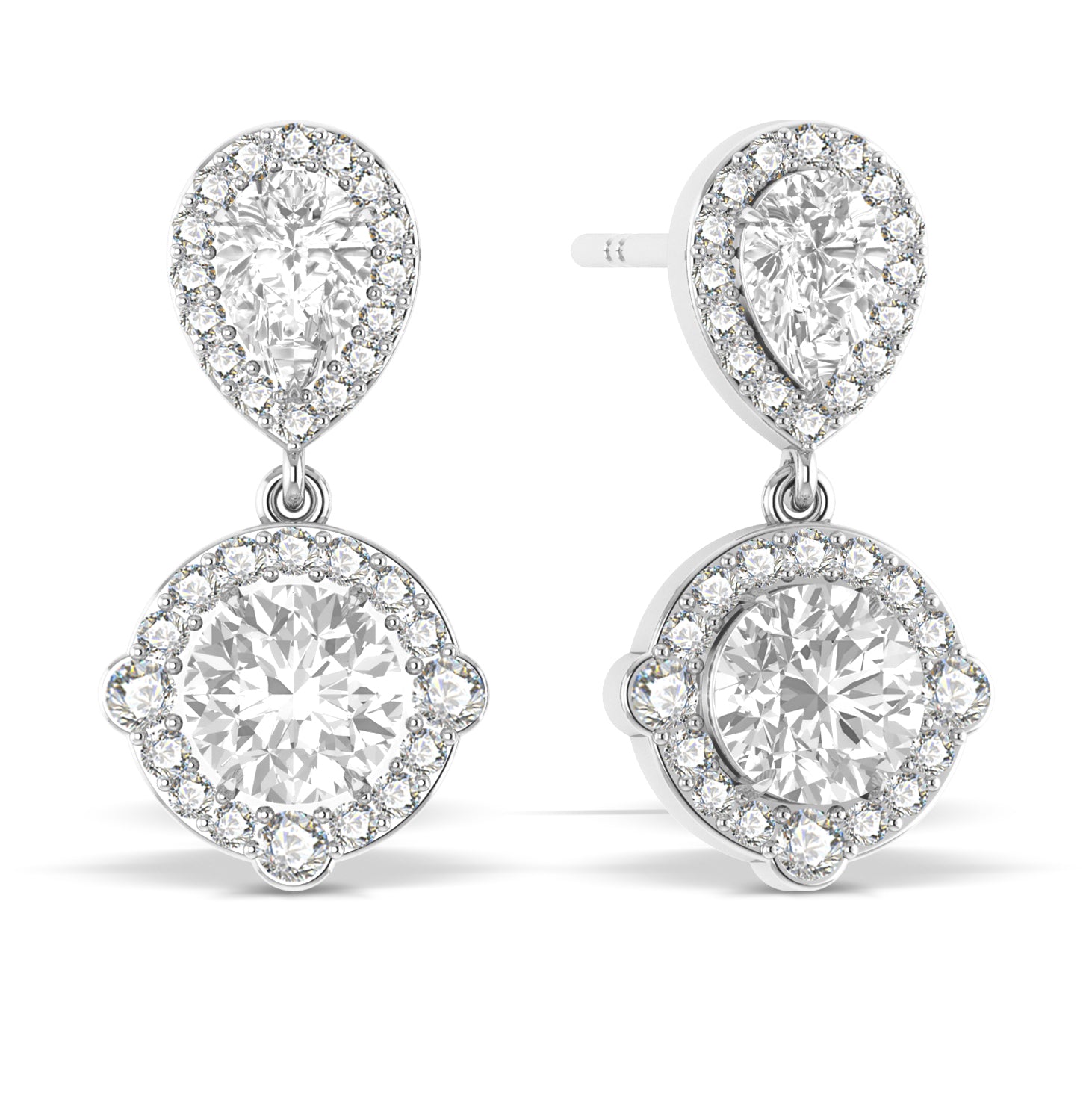 Pear round halo drop earrings silver