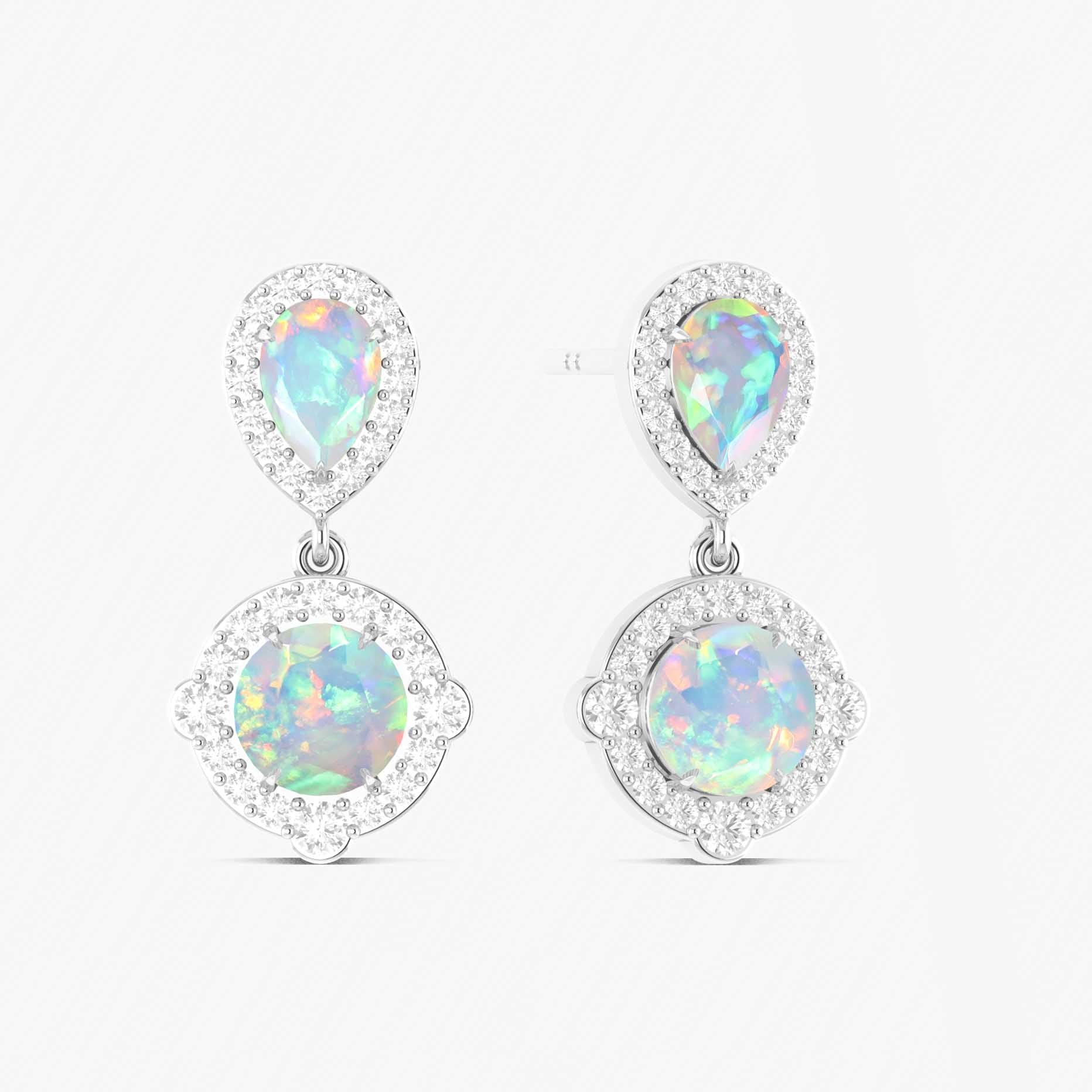 Natural Silver White Opal Round Halo Tear Drop Earrings