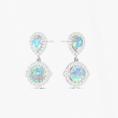 White Opal Pear Round Halo Drop Earring in 925 Silver 2.4ct