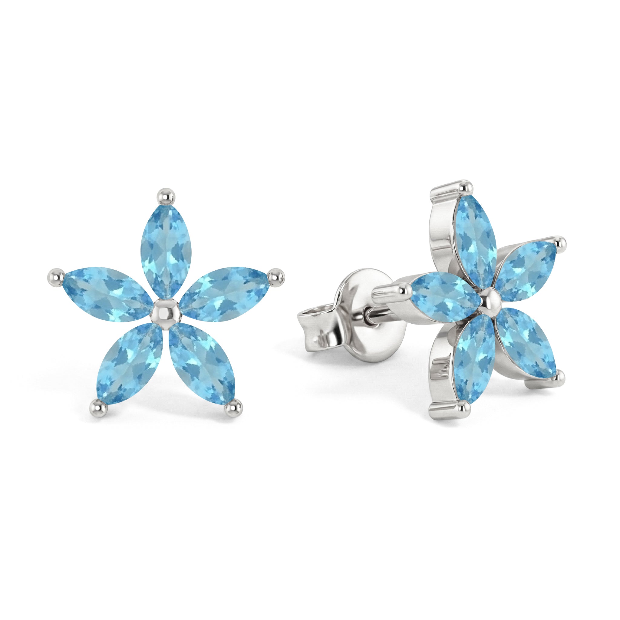 Blue Topaz Flower and Marquis Shape Stud Earring in 925 Sterling Silver 4X2 MM 3ct.