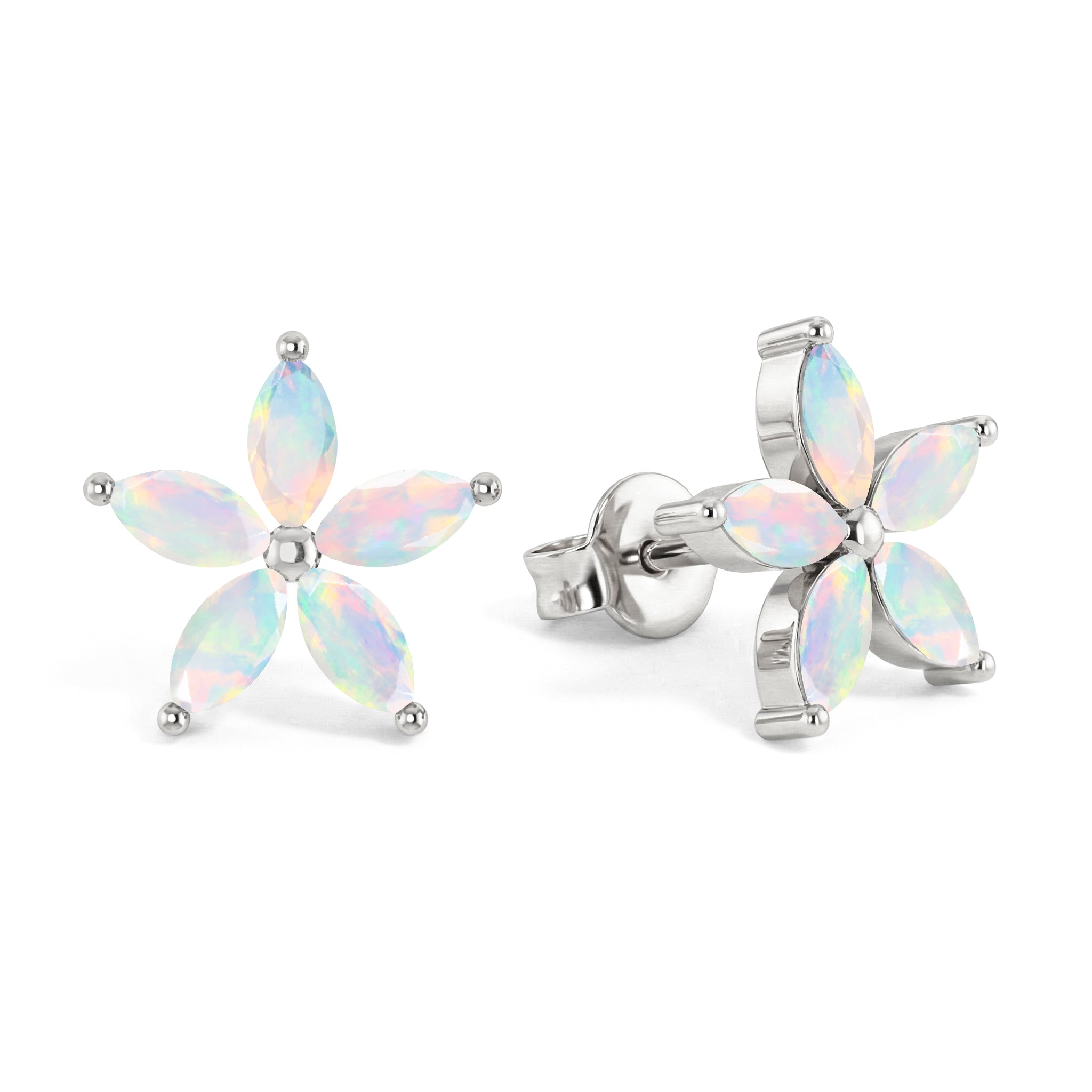 White Opal Flower and Marquis Shape Stud Earring in 925 Sterling Silver 4X2 MM 3ct.