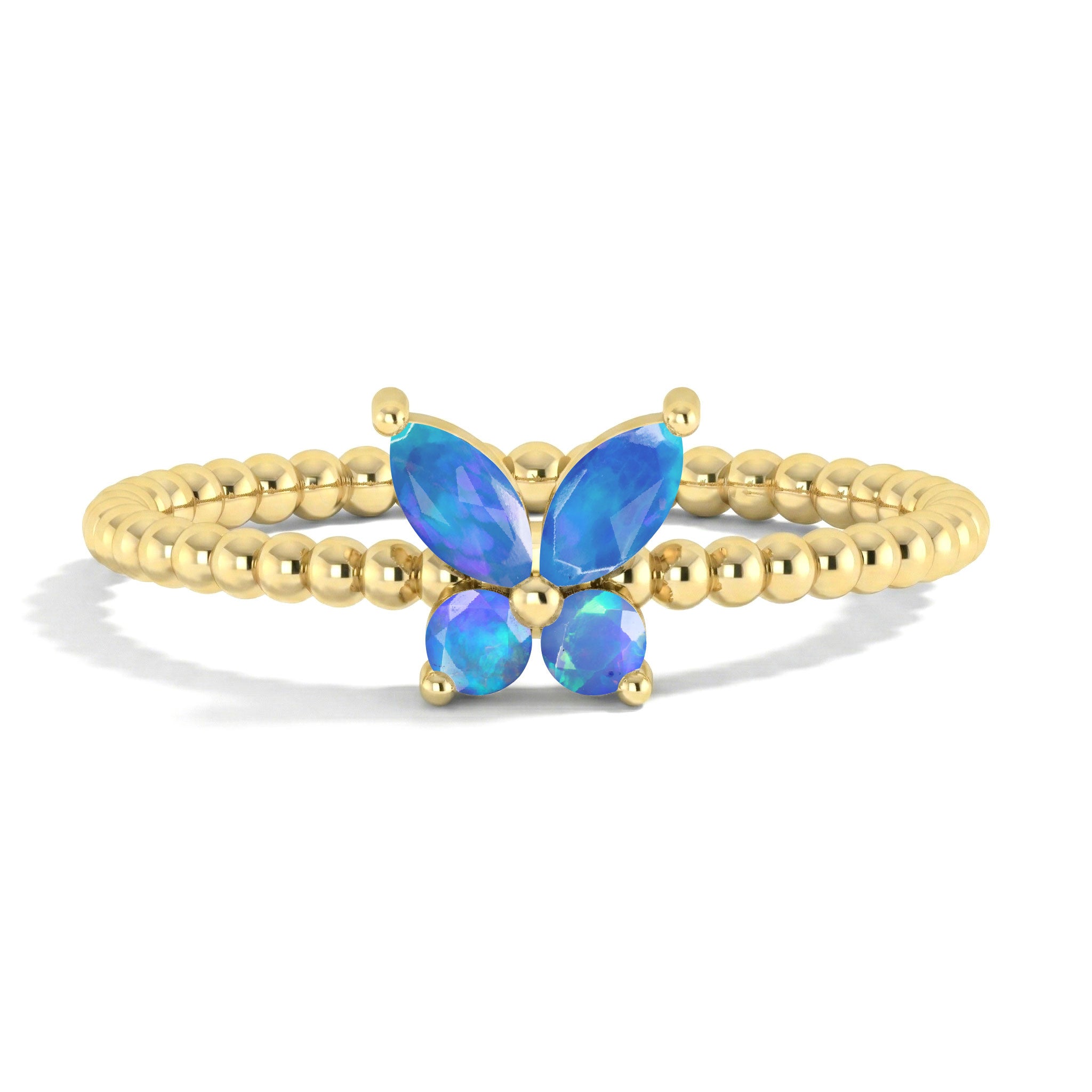 Elegant natural blue opal butterfly ring for women with vibrant blue opal gemstones, sculptural butterfly design, and refined sterling silver detailing