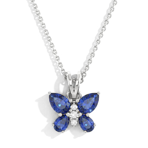 Blue Sapphire Pear Butterfly Pendant Necklace in 925 Sterling Silver 2ct