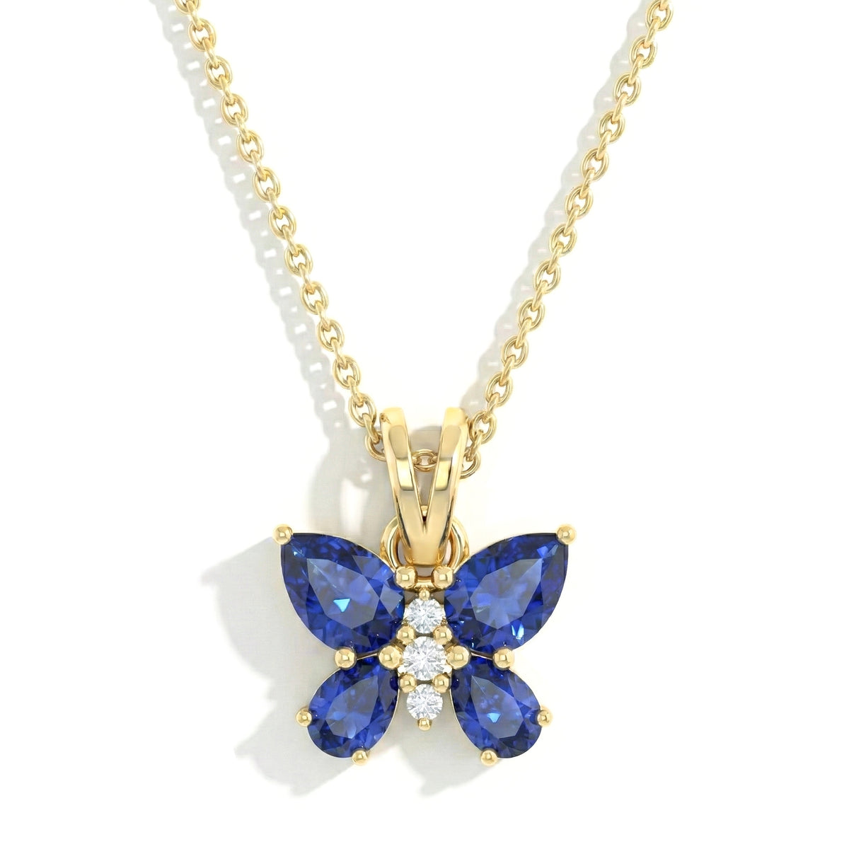 Blue Sapphire Pear Butterfly Pendant Necklace in 925 Sterling Silver 2ct