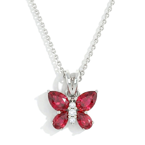 Ruby Pear Butterfly Pendant Necklace in 925 Sterling Silver 2ct