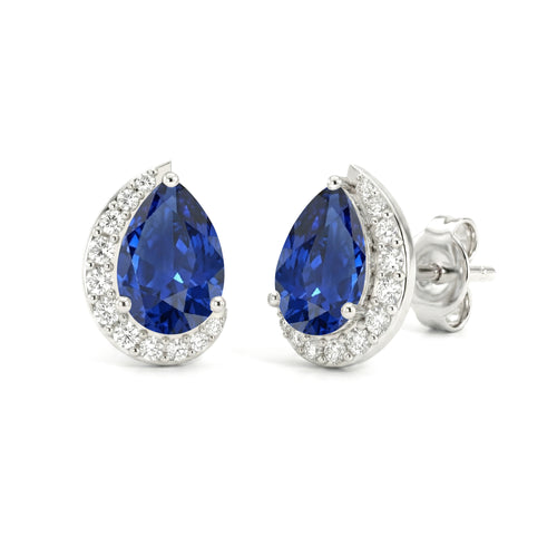 Blue Sapphire Pear Halo Stud Earrings in 925 Sterling Silver 1ct