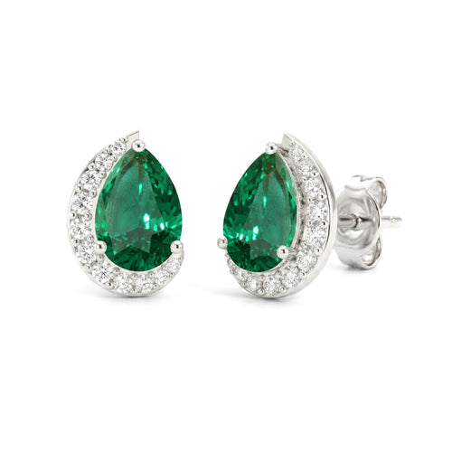 Emerald Pear Halo Stud Earrings in 925 Sterling Silver 1ct