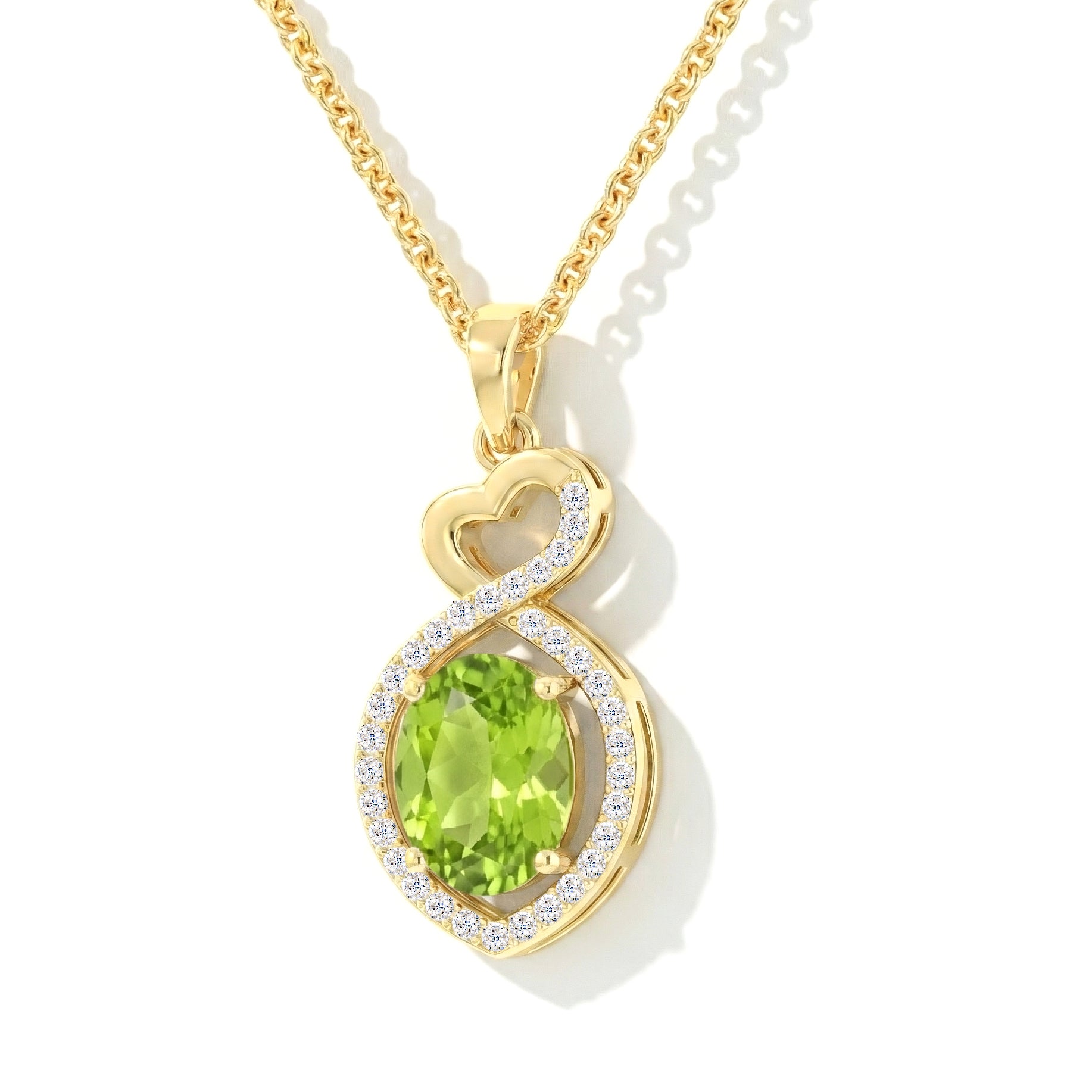 Peridot Oval Infinity Twist Heart Pendant Necklace in Yellow Gold Plated 1.2ct