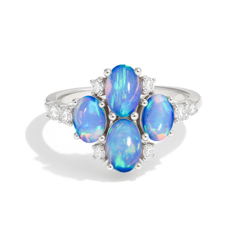 Oval Blue Opal Cluster Ring in Sterling Silver Elegant 6x4mm Gem