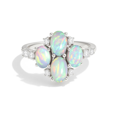 Oval White Opal Cluster Ring in Sterling Silver Elegant 6x4mm Gem