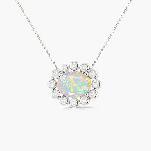 Elegant 925 Silver White Opal Oval Halo Pendant Necklace, 1.20 Ct
