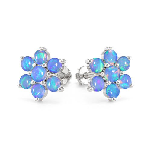 Blue Opal Round Stud Earrings in 925 Silver Luxury 14-Stone Design