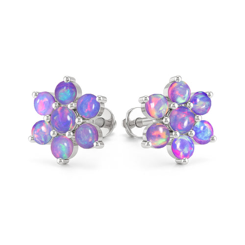Lavender Opal Round Stud Earrings in 925 Silver Luxury 14-Stone Design