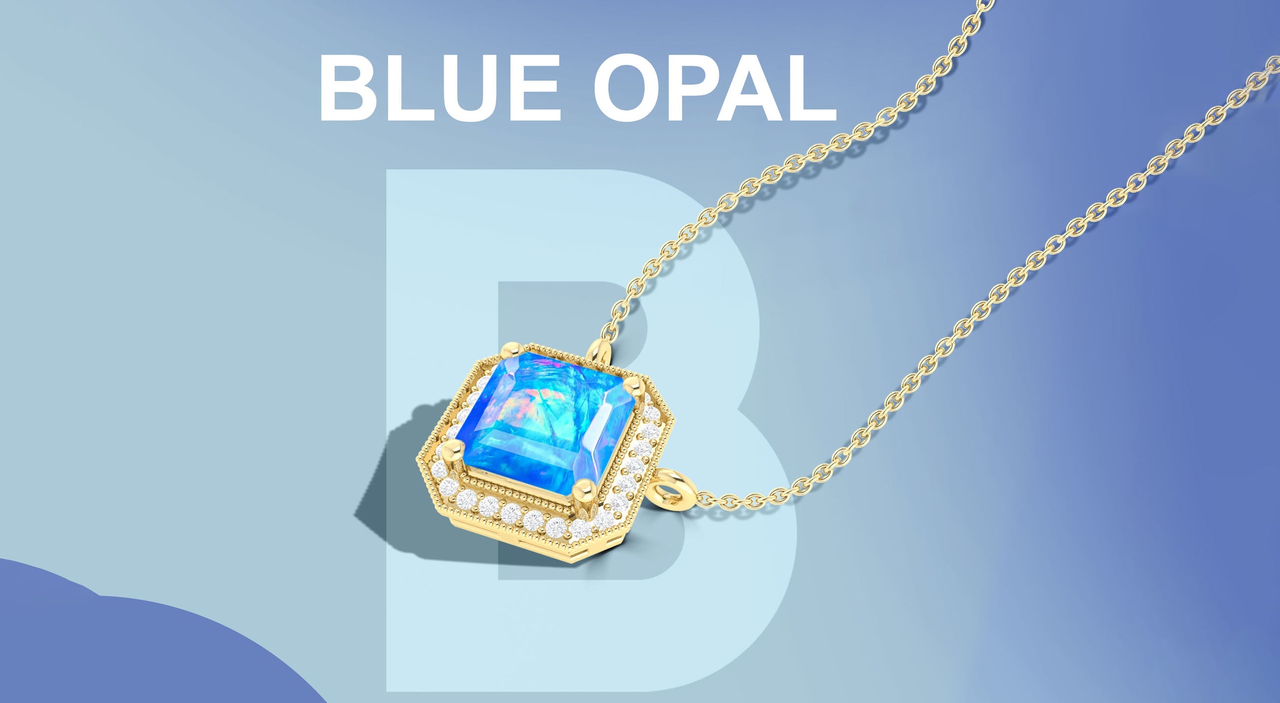 Blue opal pendant necklace in sterling silver with diamond halo design